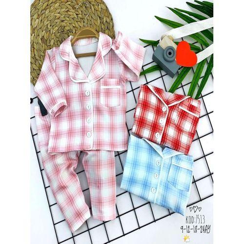 9-12-18-24 Ay Düğme Kapamalı Ekose Desenli 2li Kız Erkek Bebek Pijama Takımı Mavi