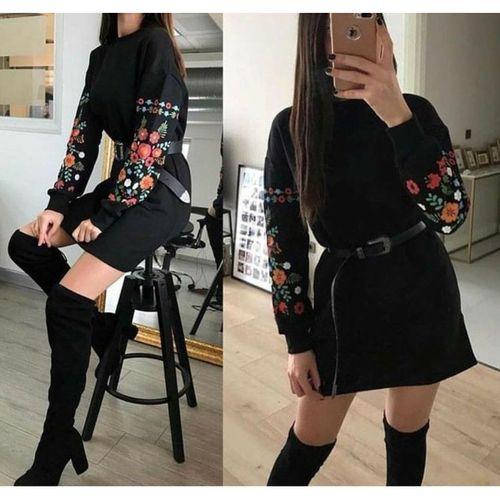 Lucky Life Kadın Iki İplik Kumaş Kolları Nakışlı Bisiklet Yaka Elbise 90cm