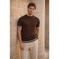 Dale Kolları Şeritli Bisiklet Yaka İnce Triko Örme Regular Fit Erkek T-Shirt - Kahve