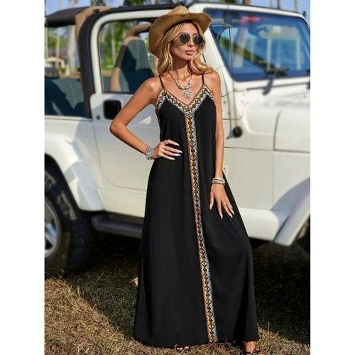 Kadın Askılı V Yakalı Etnik şerit Detaylı Uzun Viskon Elbise