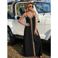 Kadın Askılı V Yakalı Etnik şerit Detaylı Uzun Viskon Elbise