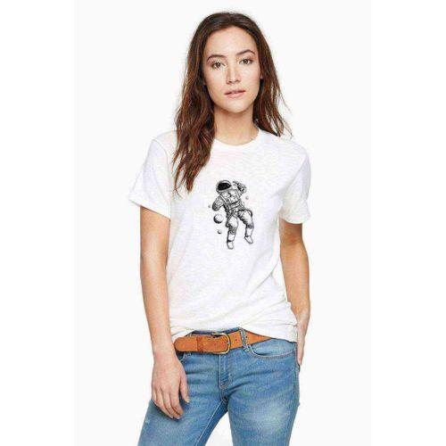 Astronot Uzay Boşluğu Baskılı Beyaz Kadın Tshirt