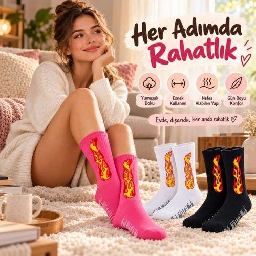 Unisex Alev Desenli Çorap 3'lü Set Pamuklu Uzun Soket Dikişsiz Nefes Alan Günlük Spor Çorabı Yumuşak