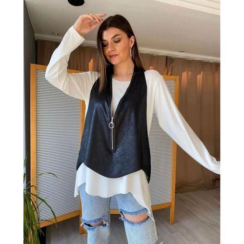 Pilelistore Kadın Uzun Kol Asimetrik Kesim Bluz Ve Asimetrik Kesim Fermuar Detay Deri Yelek Ikili Takım