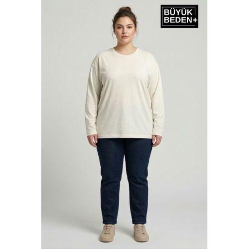 Kadın Büyük Beden Uzun Kollu 2 İplik Bisiklet Yaka Tişört