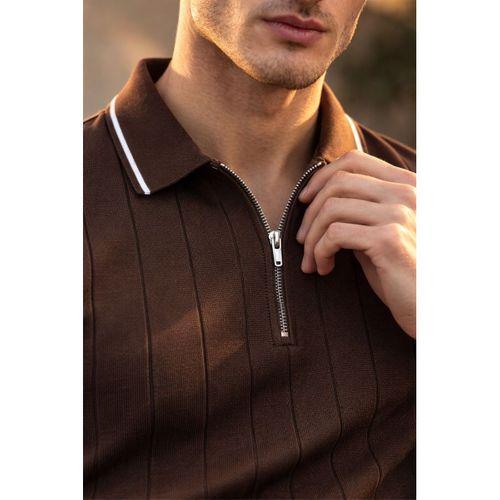 Jared Yakası Şeritli Dik Çizgili Yarım Fermuar İnce Triko Erkek T-Shirt - Kahve