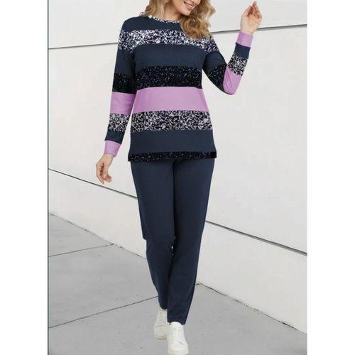 Kadın Uzun Kollu Bisiklet Yaka çizgili Desen Iki Iplik Bluz Ve Pantolon Ikili Takım