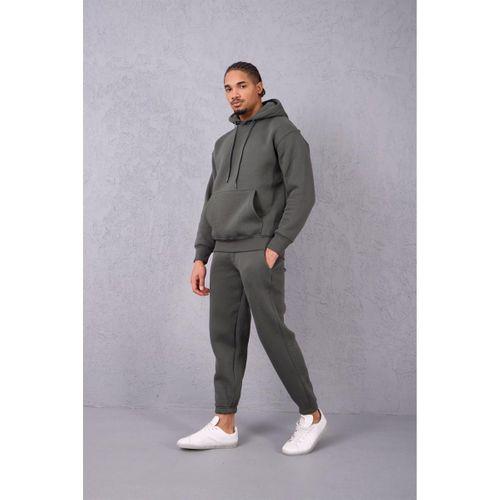 Şardonlu Kanguru Cepli Sweatshirt - 3 İplik Şardonlu Lastik Paça Erkek Eşofman Altı- Eşofman Takımı - Çam Yeşili