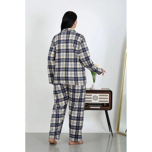 Kadın Büyük Beden Pamuklu Cepli Düğmeli Lacivert Pijama Takım
