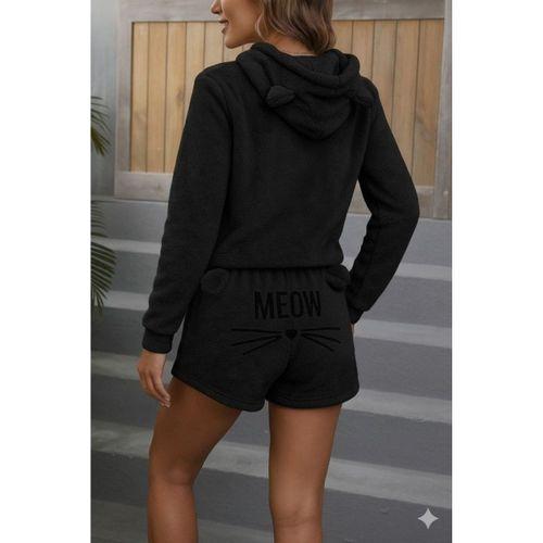 Kadın Uzun Kollu Kapşonlu Peluş Bluz Ve Kısa Short Ikili Takım