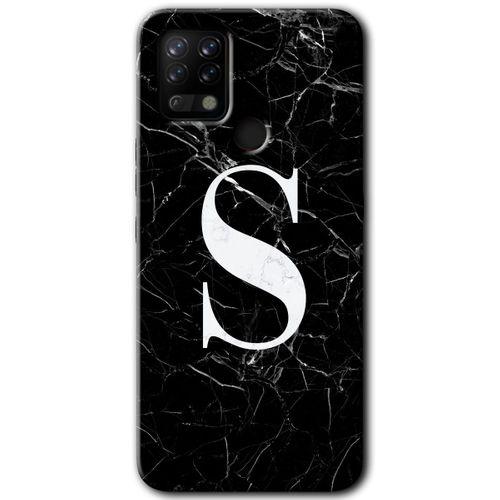 Tecno Pova Kılıf HD Desen Baskılı Arka Kapak+Temperli Cam - Siyah Mermer Desenli S Harfi