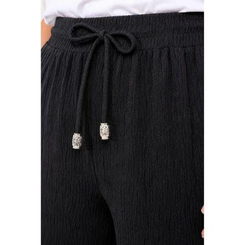 Battal Beden Bürümcük Kumaş Beli Lastikli Bağcıklı Bol Paça Palazzo Pantolon - Siyah