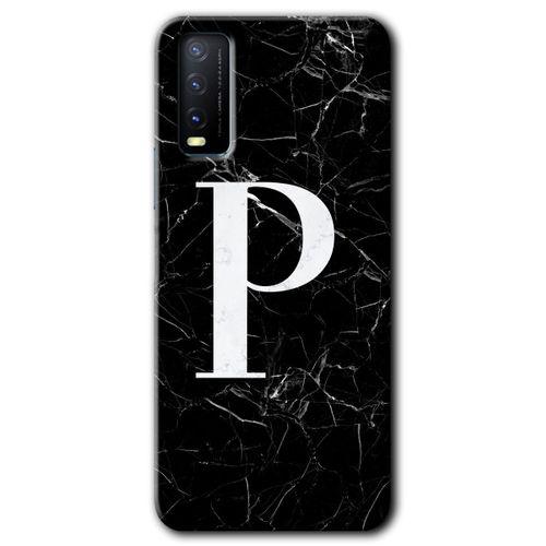 Vivo Y20s Kılıf HD Desen Baskılı Arka Kapak + Temperli Cam - Siyah Mermer Desenli P Harfi