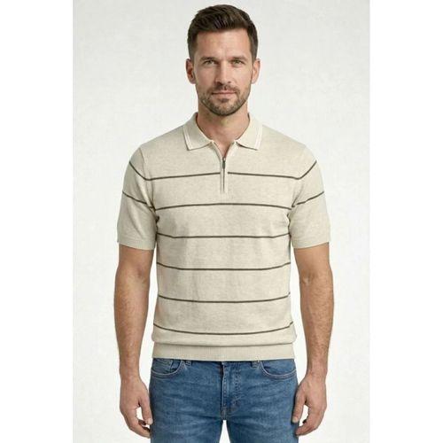 Erkek T-shirt Çizgili Triko Dokuma Kumaş Polo Yaka Yarım Fermuarlı Regular Kalıp Tişört - Bej