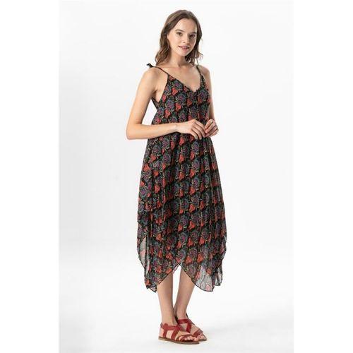 Askılı Vual Afrodit Midi Boy Yazlık Elbise Lale Siyah 6228