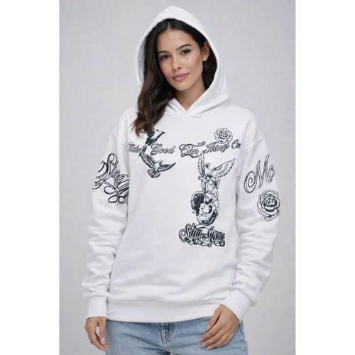 3 İplik Pamuklu Kapüşonlu Baskılı SweatShirt Hoodie - Beyaz