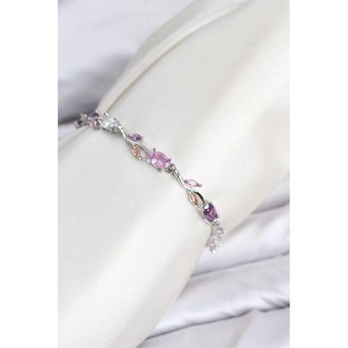Pirinç Gümüş Renk Pembe ve Mor Zirkon Taşlı Çiçek Model Kadın Bileklik
