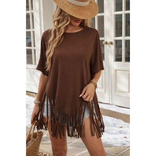 Kadın Kısa Kollu Bisiklet Yaka Püsküllü Viskon Bluz