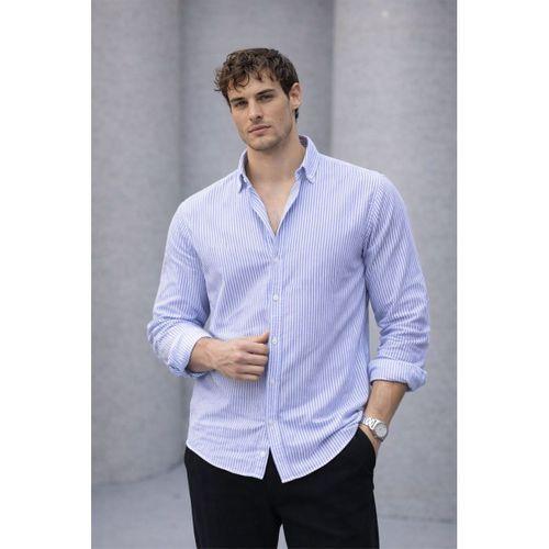 Dik Şerit Çizgili Flamlı Pamuk Gömlek - Mavi