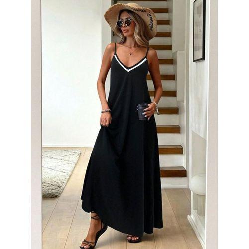Kadın Ip Askılı V şerit Yakalı Uzun Viskon Elbise