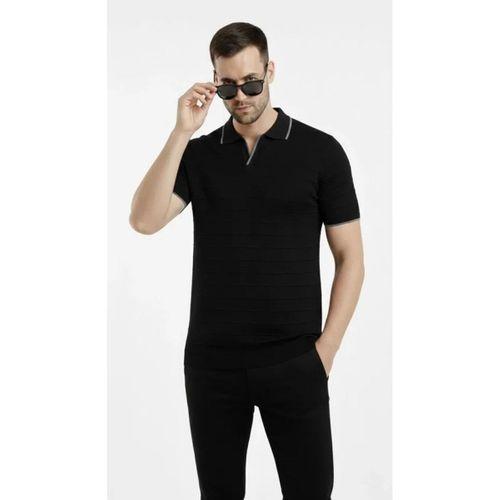 Erkek Triko Kumaş Yakalı Düğmesiz Açık Yaka Fitilli Kısa Kollu Regular Fit Tişört T-shirt - Siyah