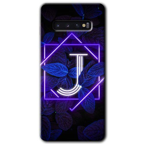 Galaxy S10 Kılıf HD Desen Baskılı Arka Kapak - Dark Neon Yaprak J Harfi + Kırılmaz Cam