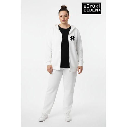Kadın Büyük Beden Kapüşonlu Fermuarlı N Baskılı Sweatshirt Hırka SPR26BHRK922