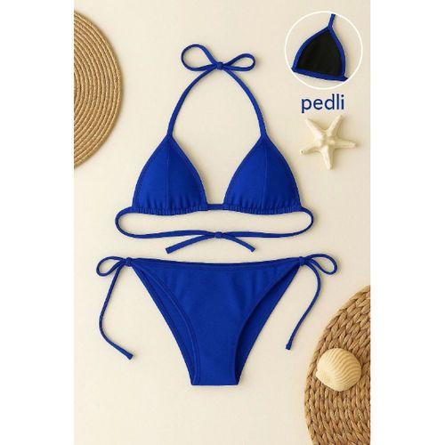 Mavi Üçgen Bikini Takımı Yandan Ve Boyundan Bağlamalı Esnek Kumaş Kadın Mayo Seti
