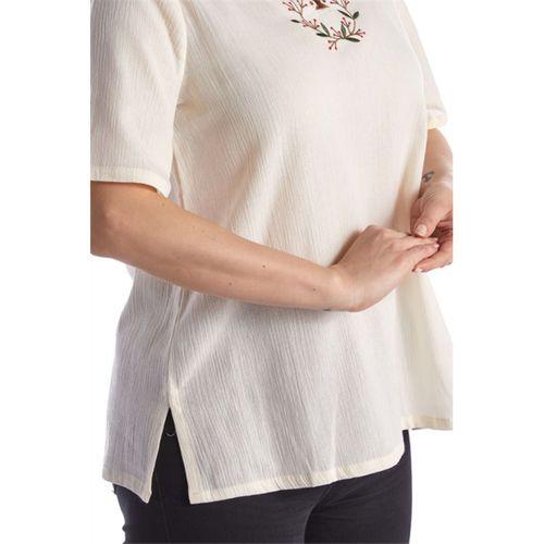 Şile Bezi Kısa Kol Krem Nakışlı V Yaka Yazlık Otantik Bluz