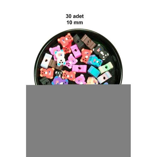 30 Adet 10 mm Polimer Kil Fimo Boncuk Takı Bileklik + 1 Metre Lastikli Misina Hediye - Renkli Ayıcık