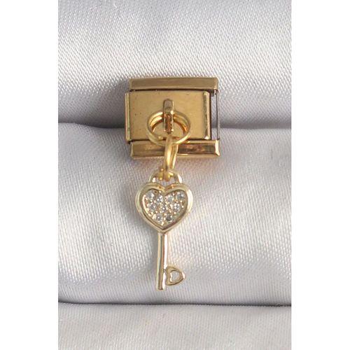 316L Çelik Gold Renk Sallantı Zirkon Taşlı Kalpli Anahtar Model Nomination Charm - TJ-BC1371
