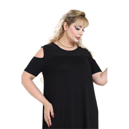 Melsay Butik Siyah Taş Baskılı Omuzu Açık Midi Elbise