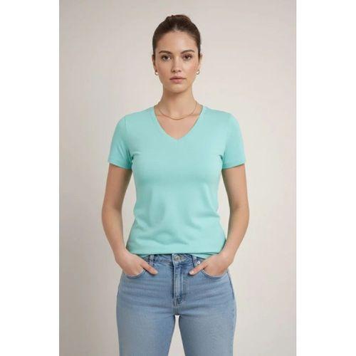 T-Shirt V Yaka Slim Fit Likralı Tişört Günlük Basic Body - Turkuvaz