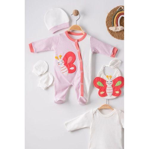Kelebek Nakışlı Puanlı Tulumlu % 100 Pamuk Kız Bebek 5'li Set