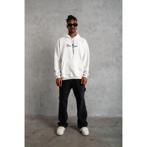 Oversize Üç İplik Şardonlu Kapüşonlu Sweatshirt – Beyaz “Other Lives” Ön Ve Arka Baskılı, Kanguru Cepli, Ribanalı Rahat Kışlık Model Beyaz