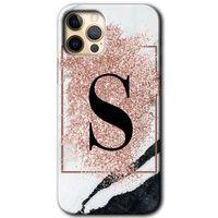 iPhone 11 Pro Max HD Baskılı Kılıf + 9D Tam Ekran Koruyucu - Pembe Mermer Desenli S Harfi