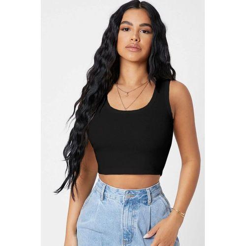 Kadın Siyah Modern Fit Kare Yaka Crop Top Bluz