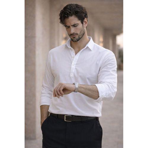 Yarım Pat Yakalı York Pamuk Kumaşlı Uzun Kollu Erkek Gömlek - Beyaz