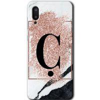 MRCİLETİSİM Samsung Galaxy A02 Kılıf Baskılı Kapak - Pembe Mermer Desenli Ç Harfi + 5D Tam Kaplayan Cam