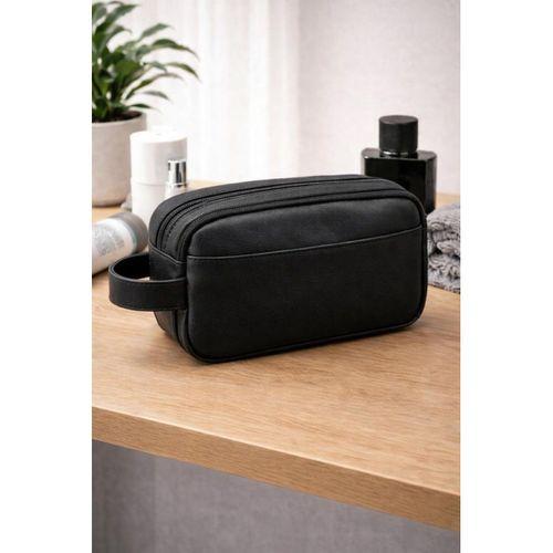 Desmond Erkek Deri El Tutmalı Çift Fermuarlı ve Cepli Seyahat & Bakım Çantası - Siyah