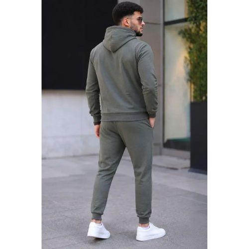 Erkek İki İplik Kapüşonlu Kanguru Cepli Sweatshirt Jogger Pantolon Alt Üst Eşofman Takımı - Haki