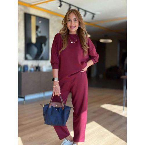 Kadın Uzun Kollu Bisiklet Yaka Viskon Iki Iplik Bluz Ve Pantolon Ikili Takım