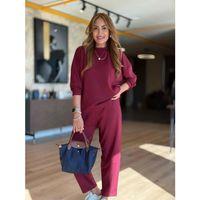 Kadın Uzun Kollu Bisiklet Yaka Viskon Iki Iplik Bluz Ve Pantolon Ikili Takım
