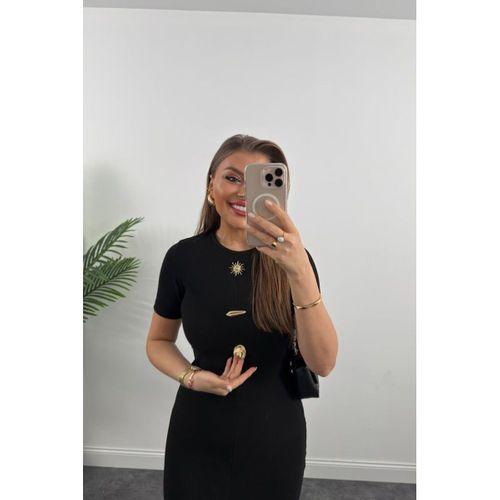 Kadın Ottoman Kumaş Likralı Düğme Tasarımlı Kısa Kol Kalem Elbise