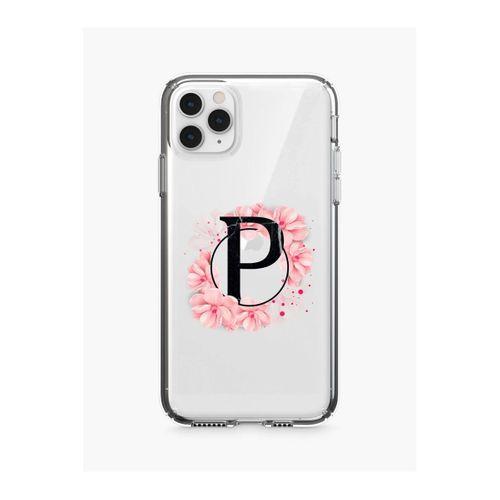 iPhone 11 Pro Max Pembe Çiçek Desen P Harfli Şeffaf Kılıf