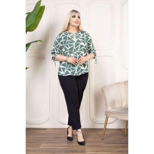 Desenli Püsküllü Viskon Bluz Bebe Yaka Kısa Kollu Big Size Rahat Kesim - Desenli