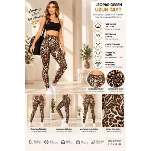 Kadın Leopar Desenli Yüksek Bel Uzun Tayt – %92 Pamuk %8 Lycra, Esnek Kumaş - ryl - 3005