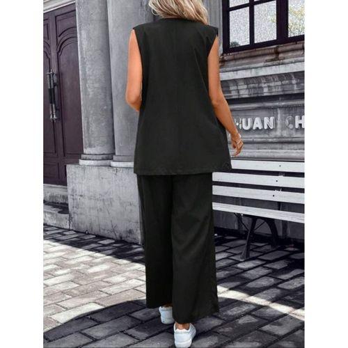Kadın Kolsuz önü Açık Yakalı Cepli Janjan Krep Yelek Ve Pantolon Ikili Takım