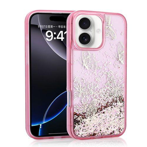 Apple iPhone 16 Kılıf Sıvılı Simli Kelebek Baskılı Şeffaf Arka Yüzey Zore Glis Silikon Kapak