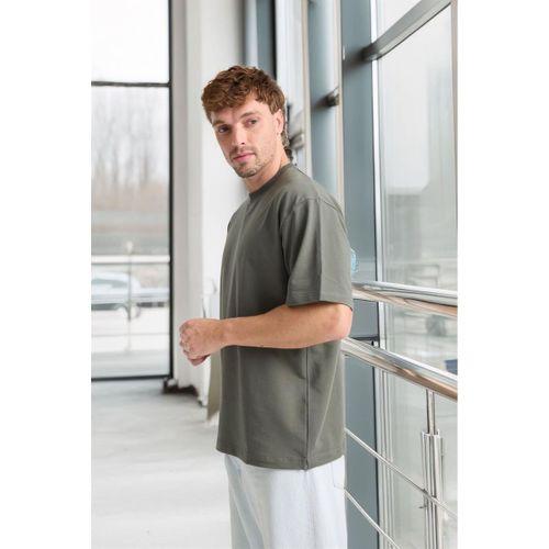 İki İplik Kumaş Pamuklu Bisiklet Yaka Basic Oversize Erkek T-Shirt - Avcı Yeşili